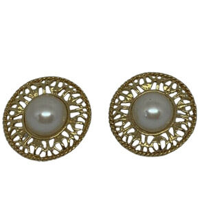 Vintage Goldtone and Faux Pearl 1 1/4" Round Earrings Filigree Post Pierced